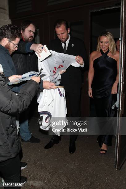 Harry Kane and Katie Goodland seen leaving Pride of Britain Awards at Grosvenor House on October 30, 2021 in London, England.