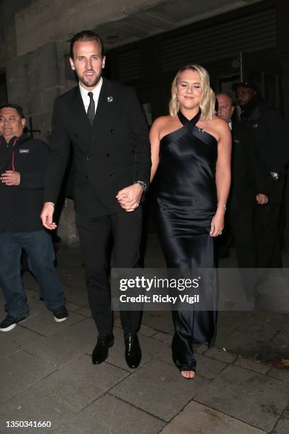 Harry Kane and Katie Goodland seen leaving Pride of Britain Awards at Grosvenor House on October 30, 2021 in London, England.