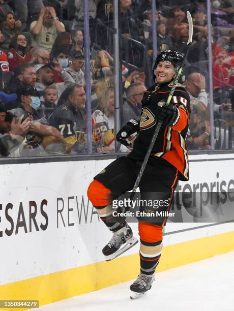 Adam Henrique of the Anaheim Ducks celebrates his third-period goal tying the game against the Vegas Golden Knights at 4-4 at T-Mobile Arena on...