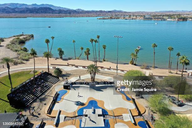 General view of Tinnell Memorial Skate Plaza as competitors warm up prior to the Finals of the 2021 SLS Championship Tour: Lake Havasu at Rotary Park...