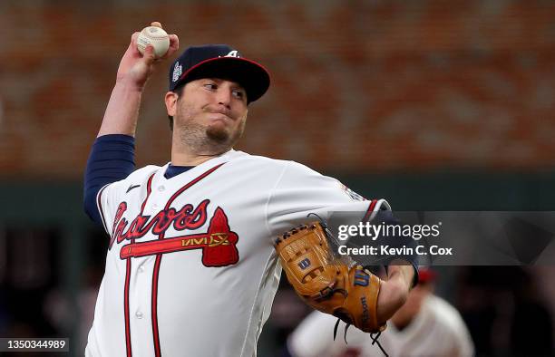Luke Jackson of the Atlanta Braves delivers the pitch against the Houston Astros during the eighth inning in Game Four of the World Series at Truist...