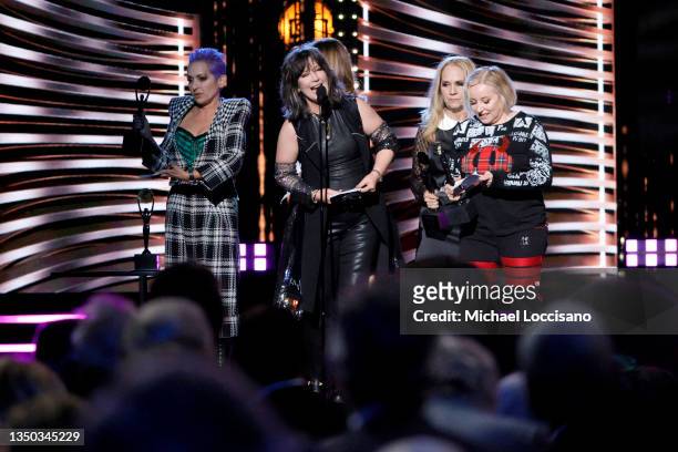 Inductees Jane Wiedlin, Kathy Valentine, Belinda Carlisle, Charlotte Caffey and Gina Schock of The Go-Go's speak onstage during the 36th Annual Rock...