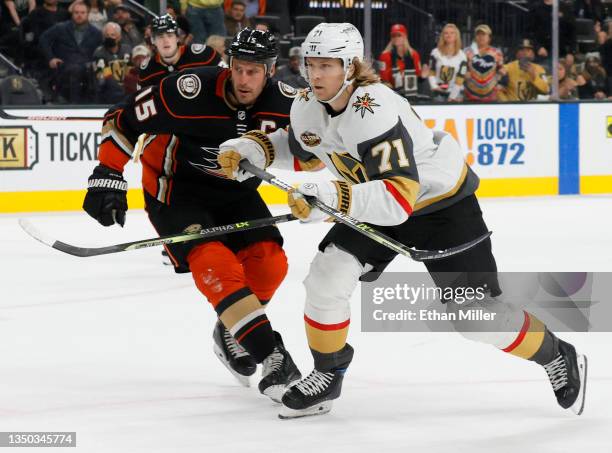 Ryan Getzlaf of the Anaheim Ducks skates against William Karlsson of the Vegas Golden Knights in overtime of their game at T-Mobile Arena on October...