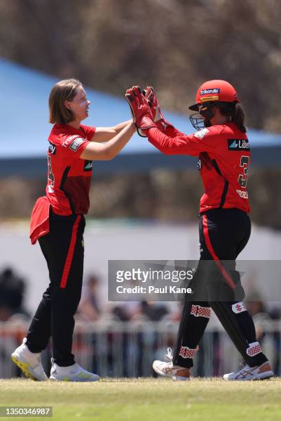 Carly Leeson and Josie Dooley of the Renegades celebrates the wicket of Dane van Niekerk of the Strikers during the Women's Big Bash League match...