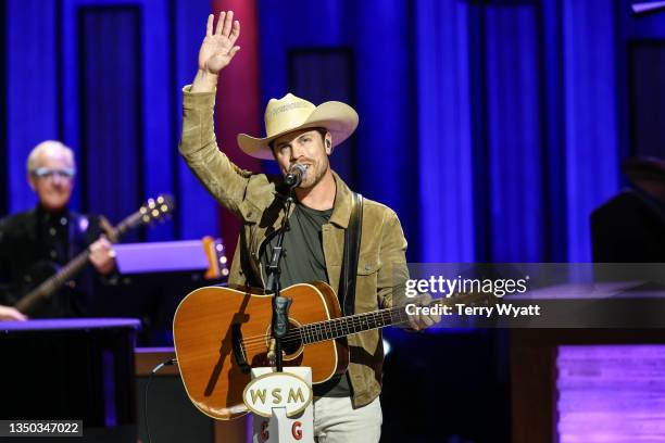 Dustin Lynch performs on stage during the Grand Ole Opry's 5000th Show at The Grand Ole Opry on October 30, 2021 in Nashville, Tennessee.