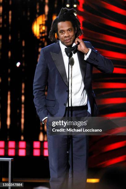 Inductee Jay-Z speaks onstage during the 36th Annual Rock & Roll Hall Of Fame Induction Ceremony at Rocket Mortgage Fieldhouse on October 30, 2021 in...