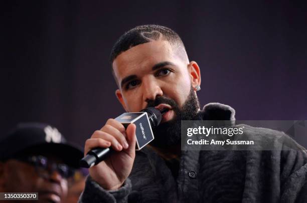 Drake speaks onstage during Drake's Till Death Do Us Part rap battle on October 30, 2021 in Long Beach, California.