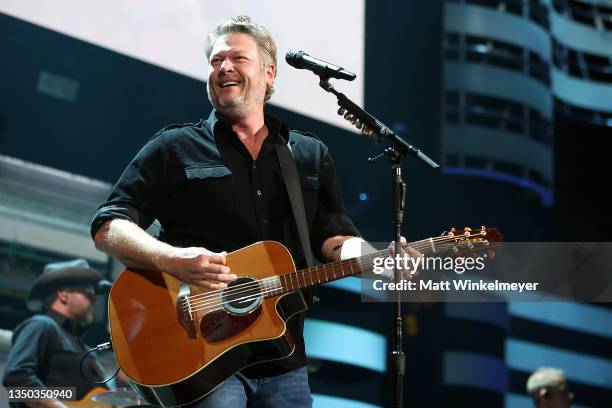 Blake Shelton performs onstage during the 2021 iHeartCountry Festival Presented By Capital One at The Frank Erwin Center on October 30, 2021 in...
