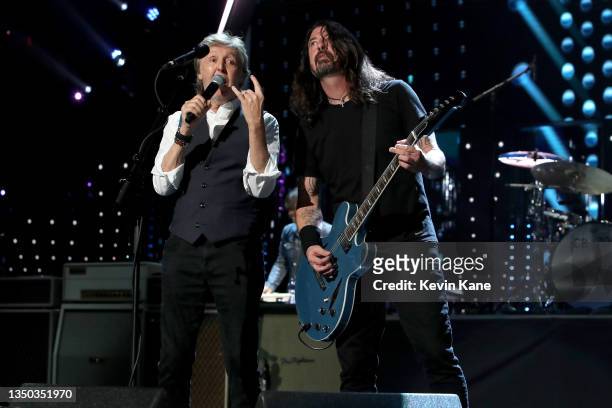 Paul McCartney and Dave Grohl of The Foo Fighers perform onstage during the 36th Annual Rock & Roll Hall Of Fame Induction Ceremony at Rocket...