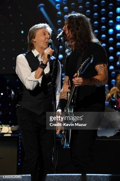 Paul McCartney and Dave Grohl of The Foo Fighters perform onstage during the 36th Annual Rock & Roll Hall Of Fame Induction Ceremony at Rocket...
