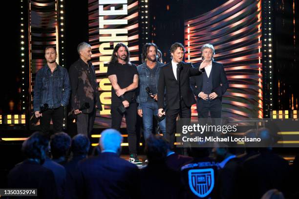 Nate Mendel, Pat Smear, Dave Grohl, Rami Jaffee, Chris Shiflett and Paul McCartney speak onstage during the 36th Annual Rock & Roll Hall Of Fame...