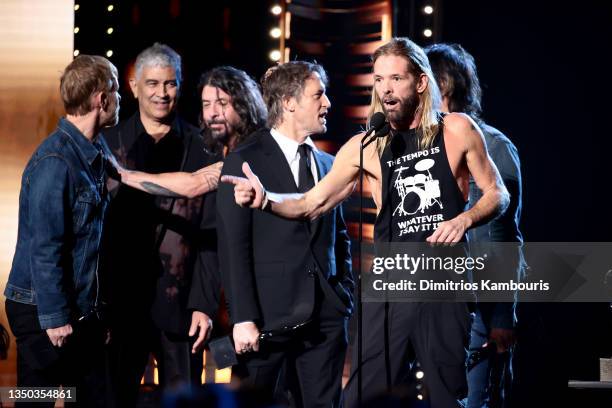 Taylor Hawkins of Foo Fighters speaks onstage during the 36th Annual Rock & Roll Hall Of Fame Induction Ceremony at Rocket Mortgage Fieldhouse on...