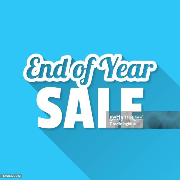 ilustrações de stock, clip art, desenhos animados e ícones de end of year sale. icon on blue background - flat design with long shadow - the end