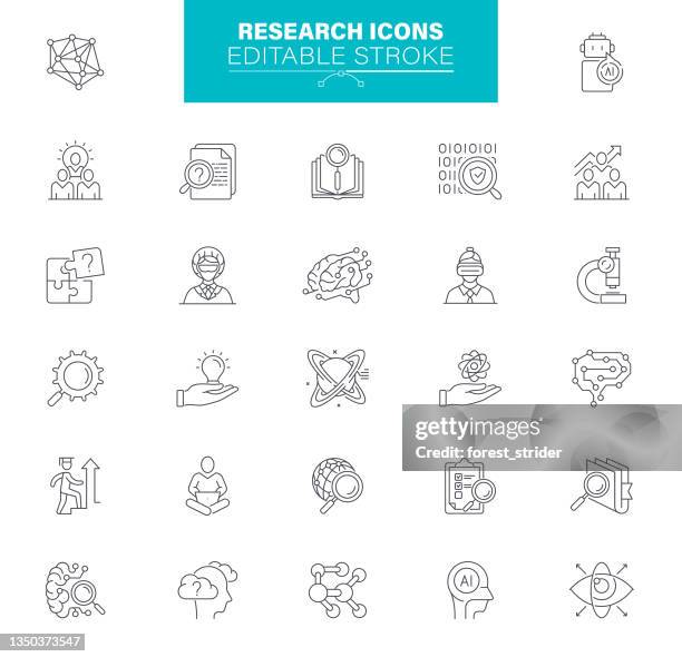 research icons editable stroke. the set contains icons as science, big data, solution, strategy - data scientists stock illustrations