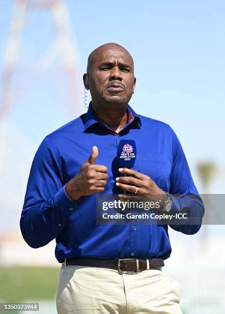 Commentator Ian Bishop looks on ahead of the ICC Men's T20 World Cup match between Afghanistan and Namibia at Sheikh Zayed stadium on October 31,...