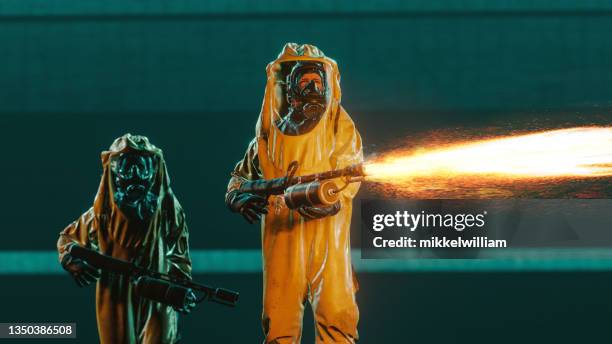 exterminator uses a flamethrower for illness prevention - apocalyptic bildbanksfoton och bilder