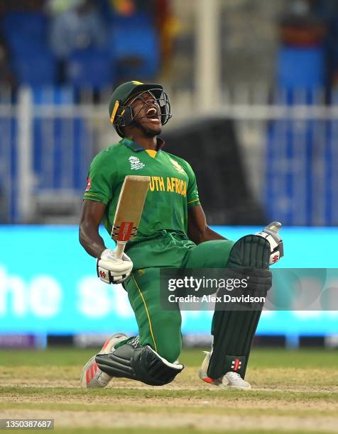 Kagiso Rabada of South Africa celebrates following the ICC Men's T20 World Cup match between South Africa and Sri Lanka at Sharjah Cricket Stadium on...