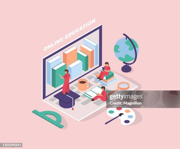 isometrische illustration für online-bildung - english-flag stock-grafiken, -clipart, -cartoons und -symbole