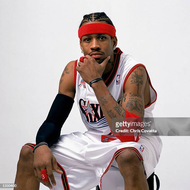 Guard Allen Iverson of the Philadelphia 76ers poses for a studio portrait before the 2002 NBA All Star Game on February 2, 2002 in Philadelphia,...