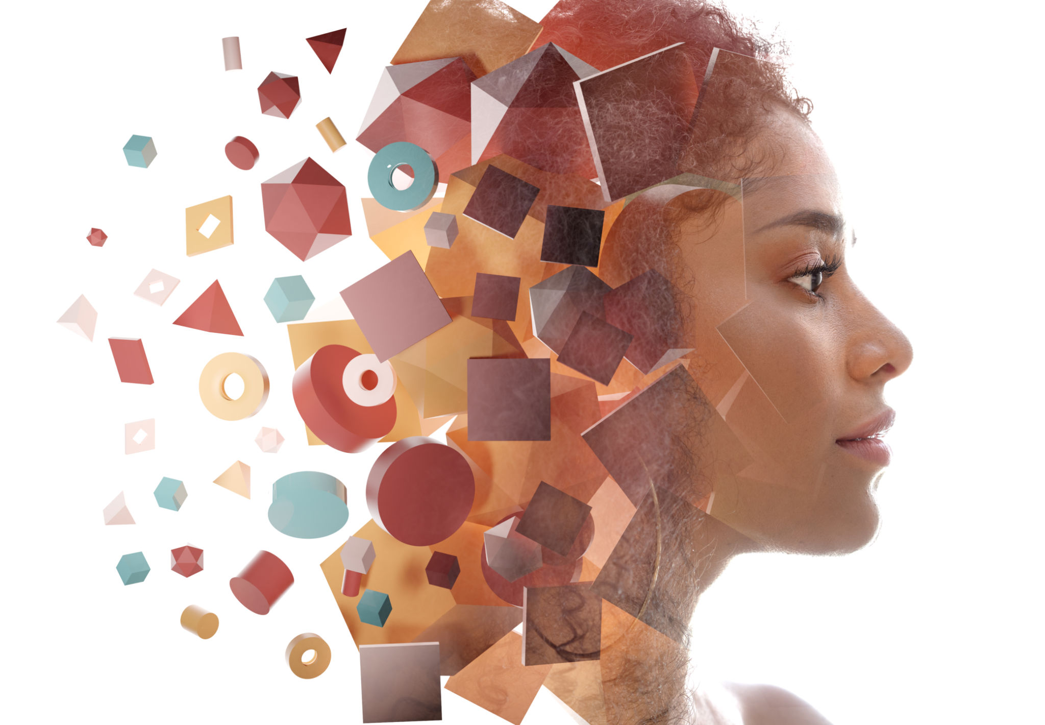 A profile portrait of a woman combined with geometric shapes in a double exposure technique. A profile portrait of a woman combined with geometric shapes in a double exposure technique.