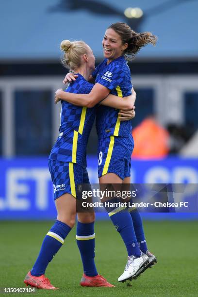 Melanie Leupolz of Chelsea celebrates with teammate Sophie Ingle after scoring her team's second goal during the Vitality Women's FA Cup Semi-Final...