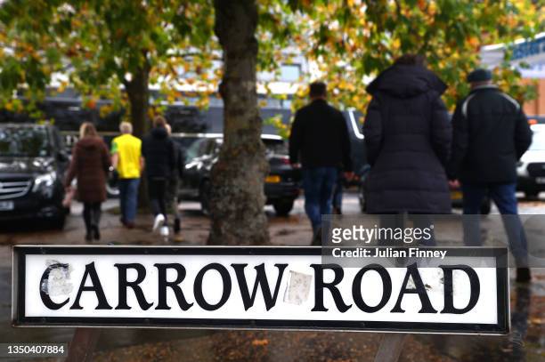General view of the Carrow Road sign outside the stadium prior to the Premier League match between Norwich City and Leeds United at Carrow Road on...