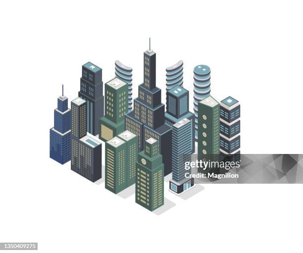 illustrazioni stock, clip art, cartoni animati e icone di tendenza di grattacieli edifici città illustrazione isometrica - centro della città