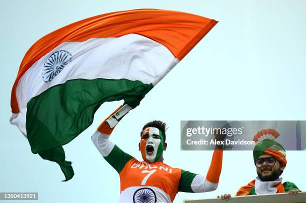India fans show their support during the ICC Men's T20 World Cup match between India and NZ at Dubai International Stadium on October 31, 2021 in...