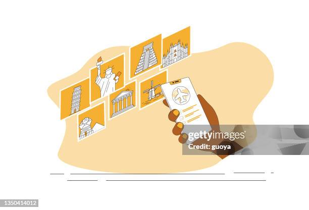 use your mobile phone to order air tickets to foreign tourist attractions. - kinderdijk stock illustrations
