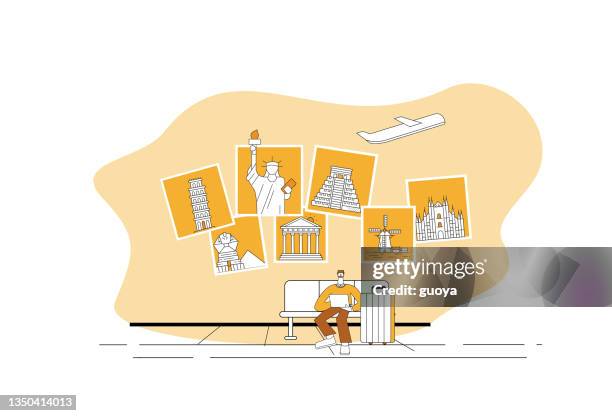 the man searches for the sights of world travel. - kinderdijk stock illustrations