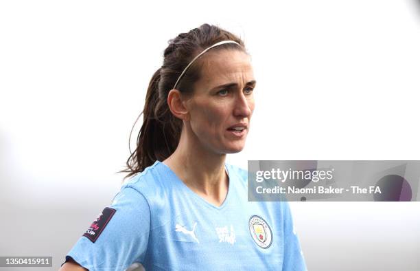 Jill Scott of Manchester City looks on during the Vitality Women's FA Cup Semi-Final match between Manchester City and Chelsea FC at Manchester City...