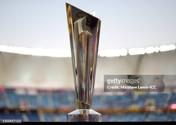 Detail view of the T20 World Cup trophy prior to the ICC Men's T20 World Cup match between India and NZ at Dubai International Stadium on October 31,...