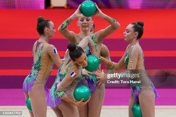 Team France competes during the Group 5 Balls Final on day five of the 38th FIG Rhythmic Gymnastics Championships at West Japan General Exhibition...