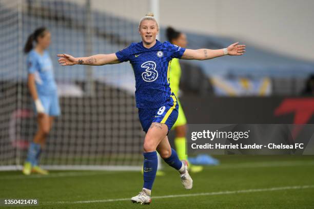 Bethany England of Chelsea celebrates after scoring her team's third goal during the Vitality Women's FA Cup Semi-Final match between Manchester City...