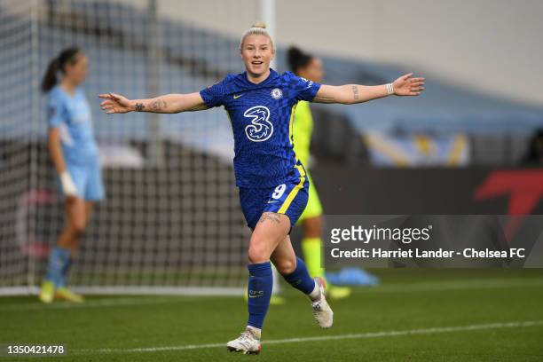 Bethany England of Chelsea celebrates after scoring her team's third goal during the Vitality Women's FA Cup Semi-Final match between Manchester City...