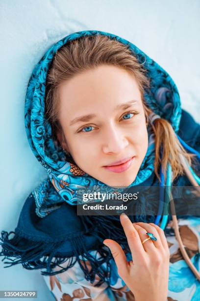 headshot of a beautiful russian woman in the snow - beautiful woman winter stock pictures, royalty-free photos & images