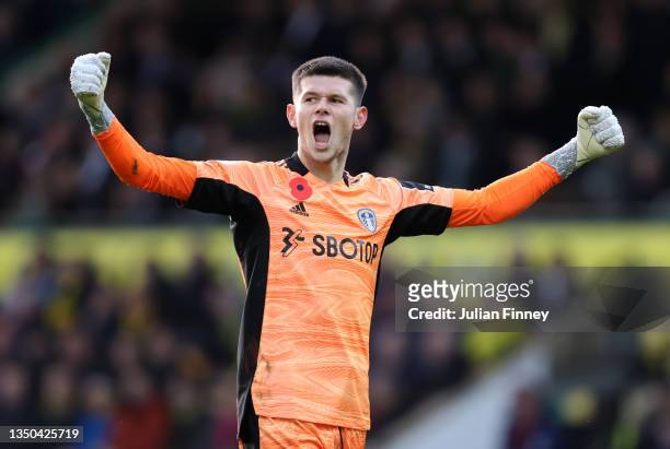 Illan Meslier of Leeds United celebrates after their side's first goal scored by Raphinha during the Premier League match between Norwich City and...