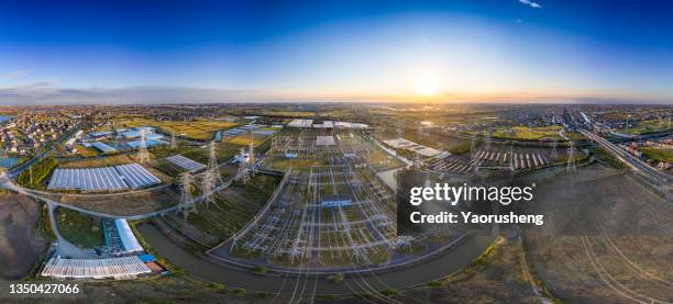 360 degree planet view of a super high voltage transformer substation - 360 globe stockfoto's en -beelden