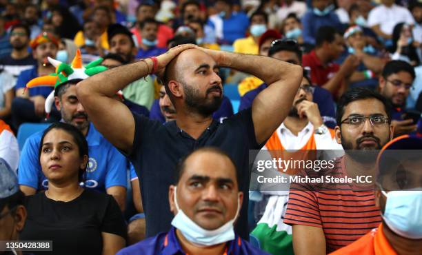 Fan of India looks dejected during the ICC Men's T20 World Cup match between India and NZ at Dubai International Stadium on October 31, 2021 in...