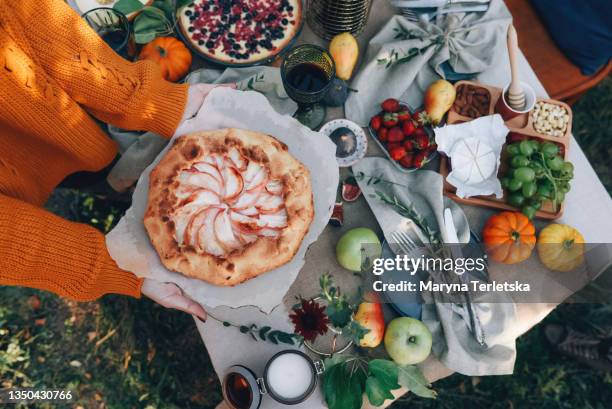 the table is beautifully set in nature. - party pies foto e immagini stock