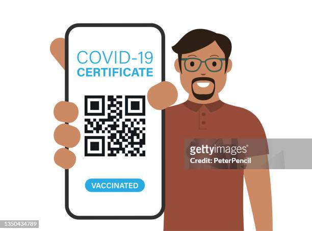 covid-19 zertifikat qr code scan auf smartphone in der hand. gesundheitspass. mann, der ein smartphone zeigt. cartoon vektor stock illustration - scan stock-grafiken, -clipart, -cartoons und -symbole