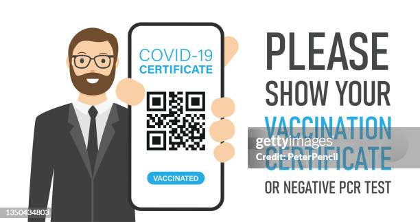 covid-19 certificate qr code scan on smartphone in hand. man showing a smart phone ant text: please, show your vaccination certificate or negative pcr test. cartoon vector stock illustration - pcr testing stock illustrations