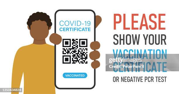 covid-19 certificate qr code scan on smartphone in hand. man showing a smart phone ant text: please, show your vaccination certificate or negative pcr test. cartoon vector stock illustration - bar code health stock illustrations
