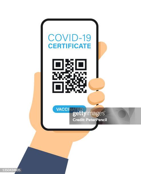 bildbanksillustrationer, clip art samt tecknat material och ikoner med covid-19 certificate qr code scan on smartphone in hand. cartoon vector stock illustration - barcode scanner