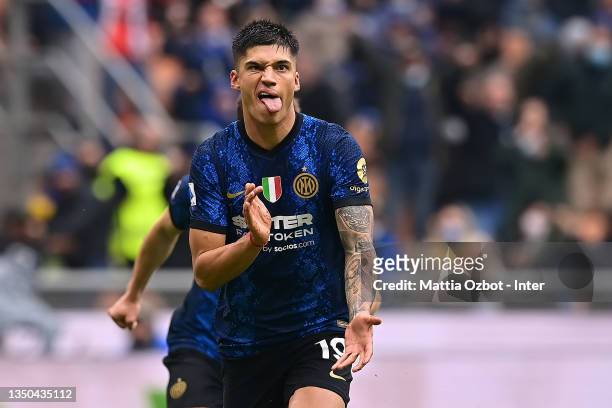 Joaquin Correa of FC Internazionale celebrates with teammates after scoring his team's first goal during the Serie A match between FC Internazionale...