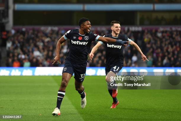 Ben Johnson of West Ham United celebrates after scoring their side's first goal during the Premier League match between Aston Villa and West Ham...