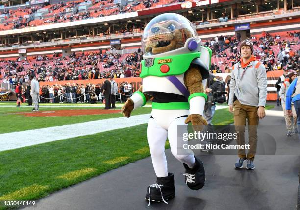Mascots dress up for Halloween before a game between the Cleveland Browns and Pittsburgh Steelers at FirstEnergy Stadium on October 31, 2021 in...