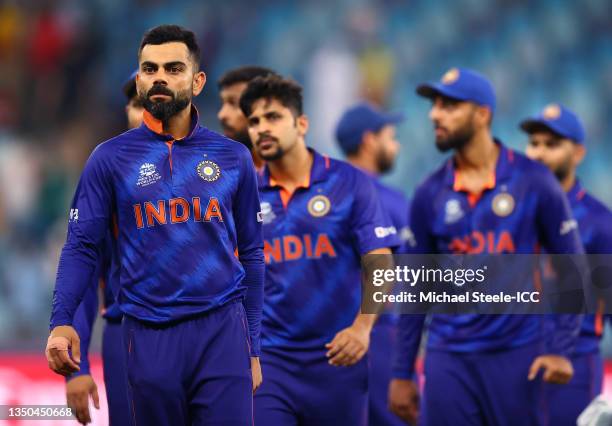 Virat Kohli of India looks dejected after the ICC Men's T20 World Cup match between India and NZ at Dubai International Stadium on October 31, 2021...