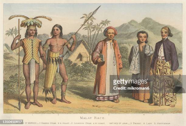 old chromolithograph illustration of malay people (race) -  traditional malay fashions, natives of java and borneo - dayak fotografías e imágenes de stock