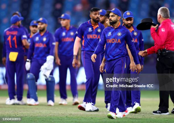 Virat Kohli of India looks dejected after the ICC Men's T20 World Cup match between India and NZ at Dubai International Stadium on October 31, 2021...